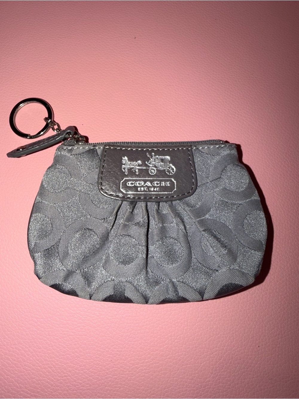 Coach Gray Signature Coin Pouch with Keyring